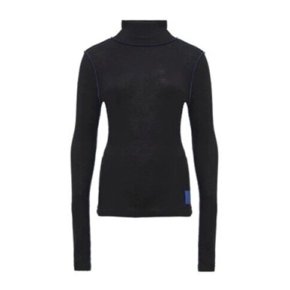 Loewe Black Ribbed-Knit Long Sleeve Turtleneck T-Shirt w/ Blue Logo Patch sz M